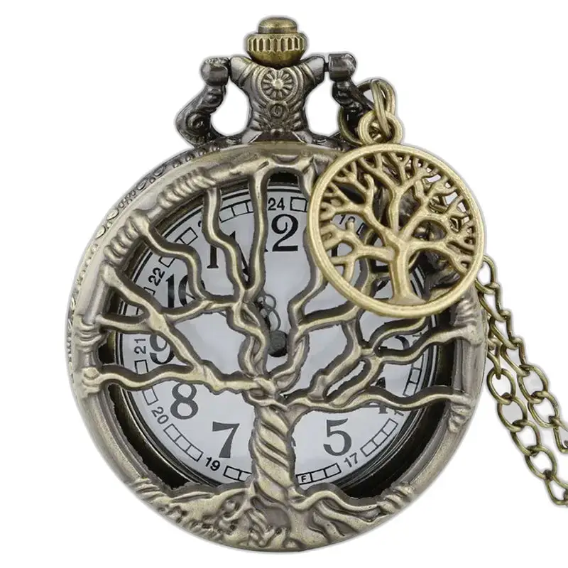 Orologio da tasca da donna con collana vintage con design ad albero in bronzo