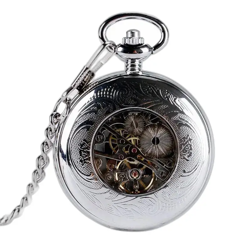 Bellissimo orologio da tasca meccanico in argento con ingranaggi a vista e carica manuale