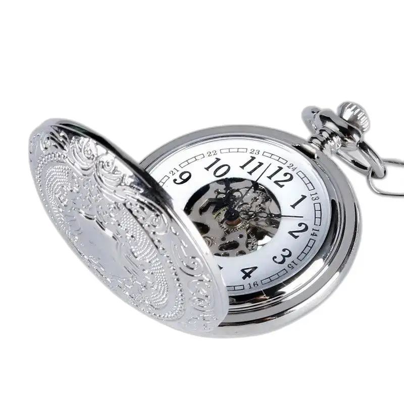 Bellissimo orologio da tasca meccanico aperto in argento con un quadrante elegante