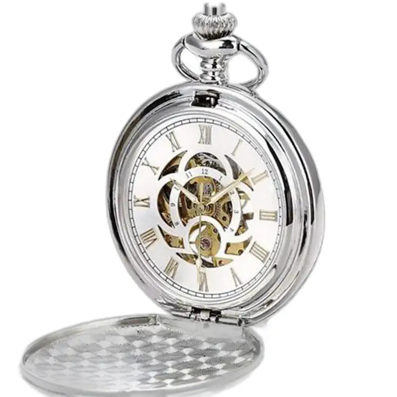 Elegante orologio da tasca meccanico in argento con doppio lembo