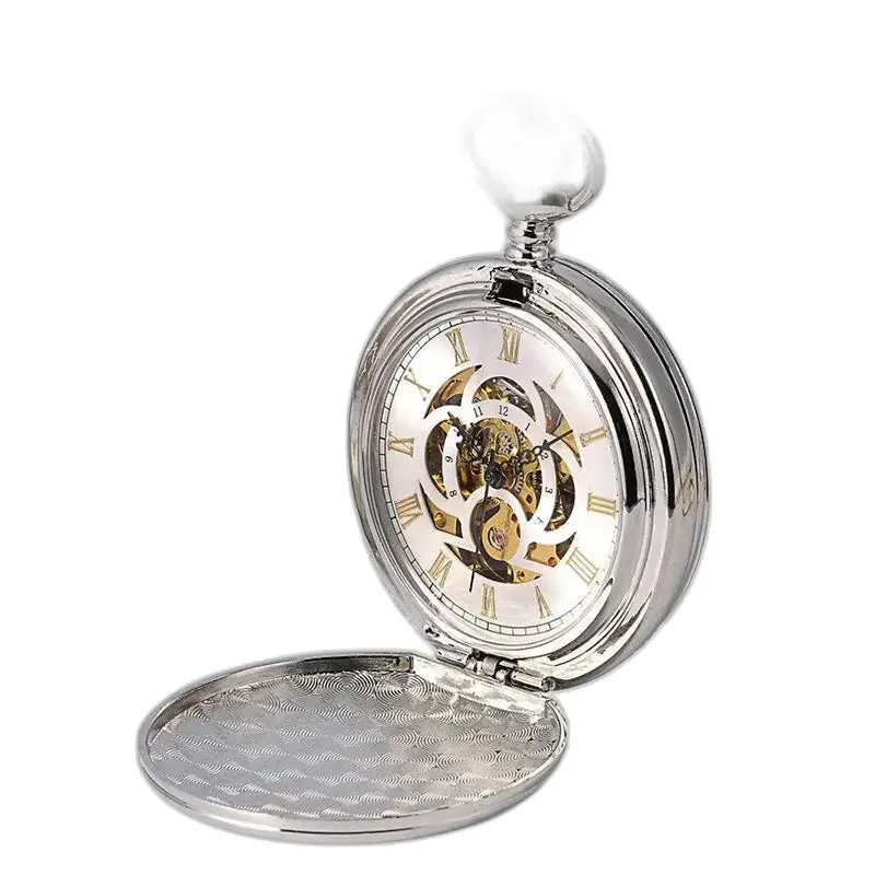Elegante orologio da tasca meccanico in argento con doppio lembo