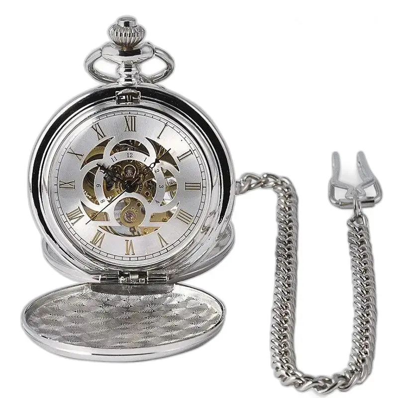 Elegante orologio da tasca meccanico in argento con doppio lembo