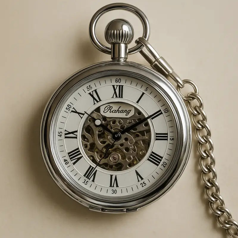 Orologio da tasca automatico in argento con catena, eleganza meccanica senza tempo