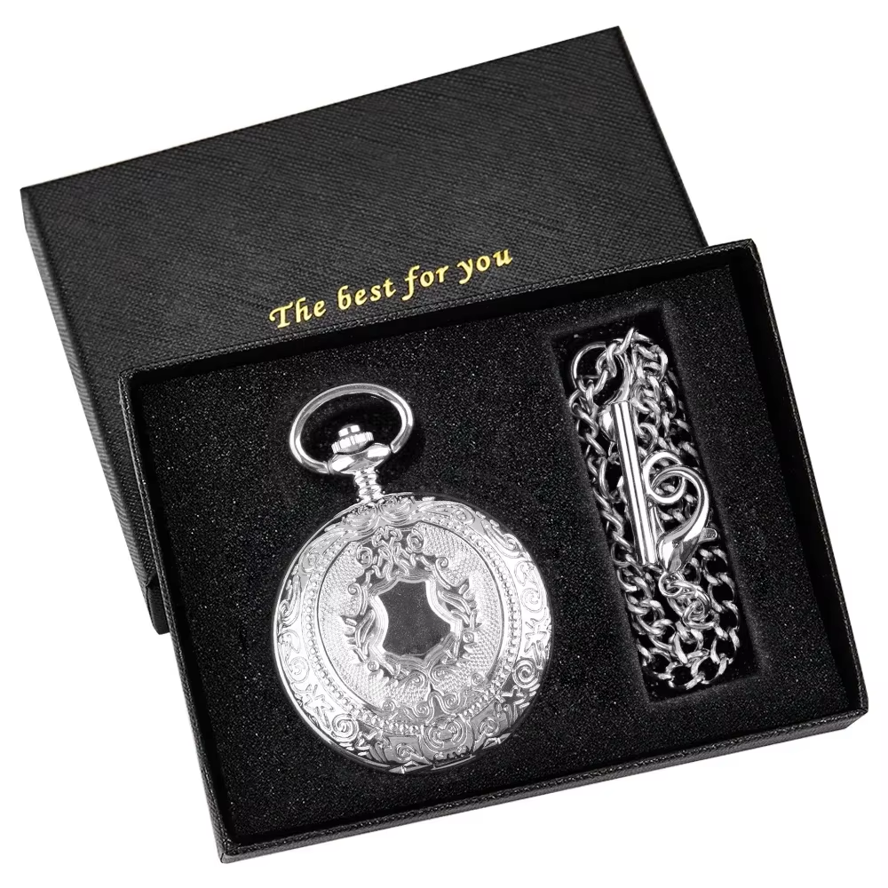 Orologio da tasca automatico da uomo inciso - presentato con la sua catena nella sua confezione regalo nera "The Best For You".