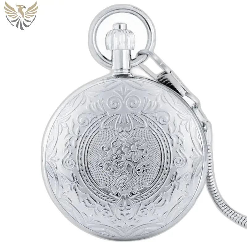 Orologio da tasca automatico da uomo inciso - coperchio con motivo floreale inciso con catena da tasca
