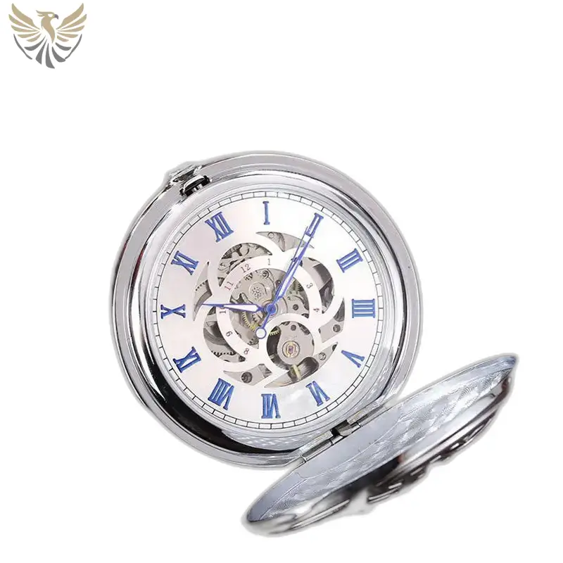 Orologio da tasca automatico da uomo inciso - vista laterale, cassa aperta, meccanismo scheletrato visibile