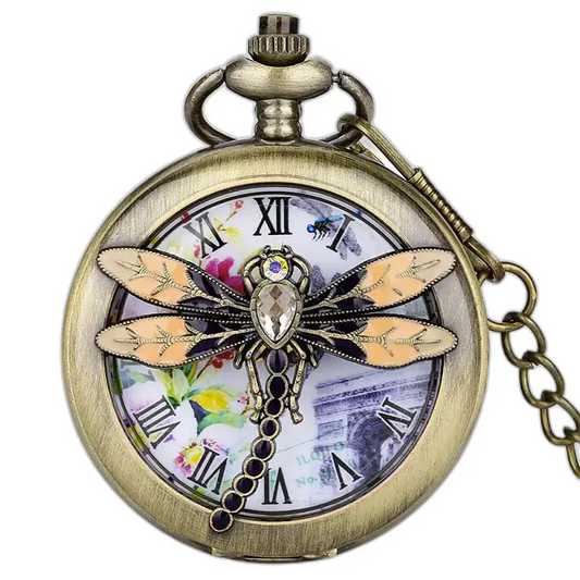 Orologio da tasca moderno ed elegante in bronzo con libellula