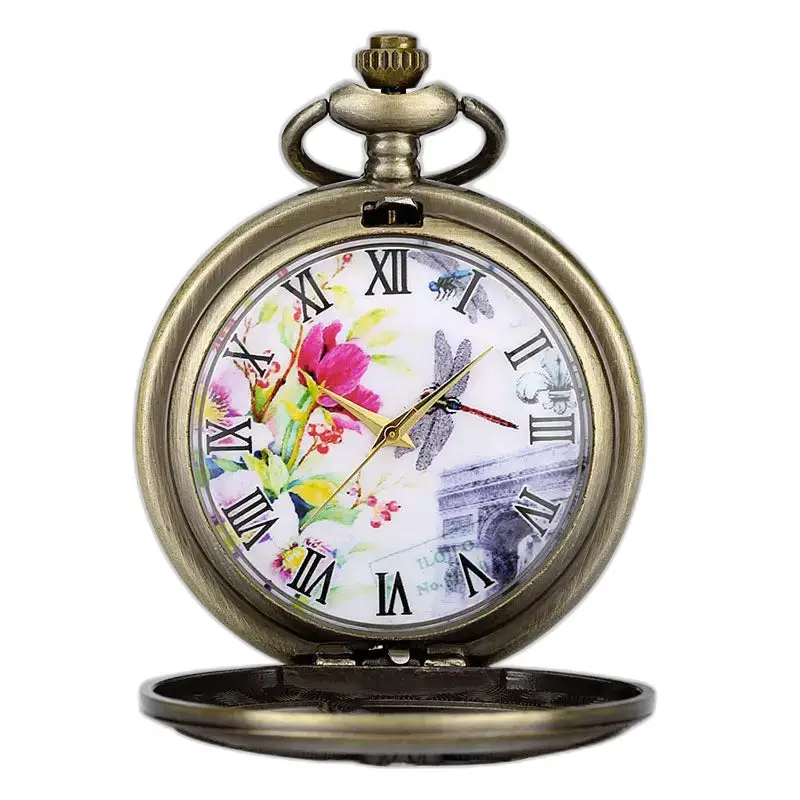 Orologio da tasca moderno ed elegante in bronzo con libellula
