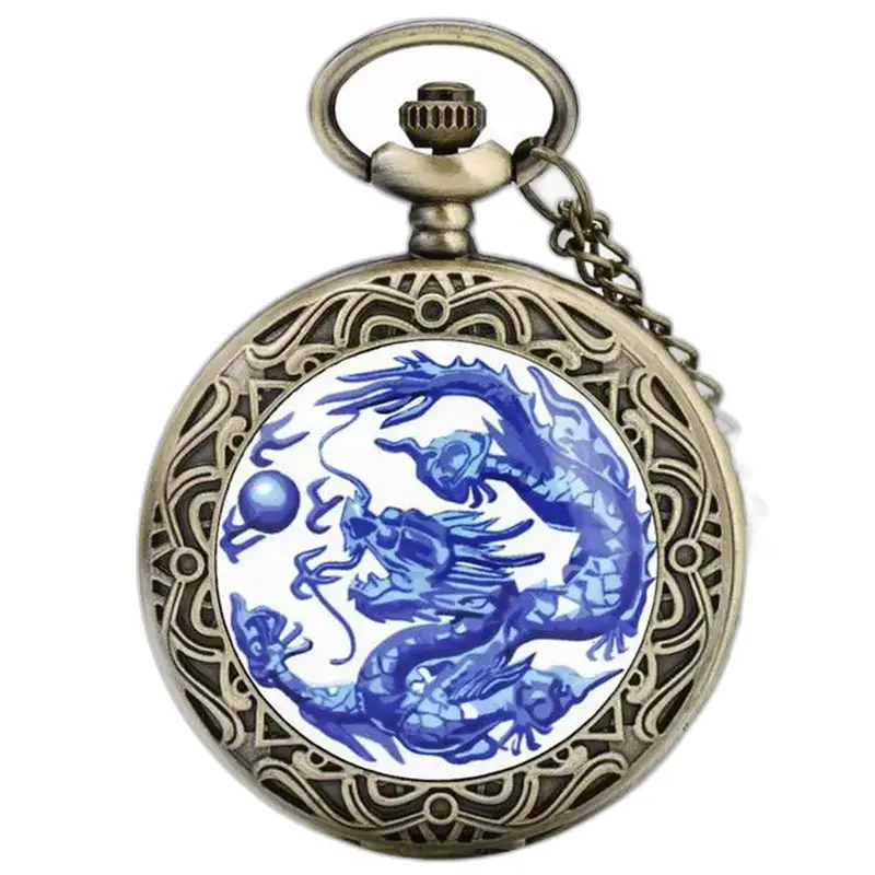 Orologio da tasca vintage con collana con drago blu per uomo e donna