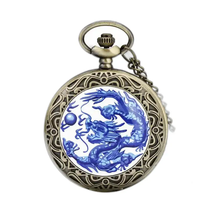 Orologio da tasca vintage con collana con drago blu per uomo e donna