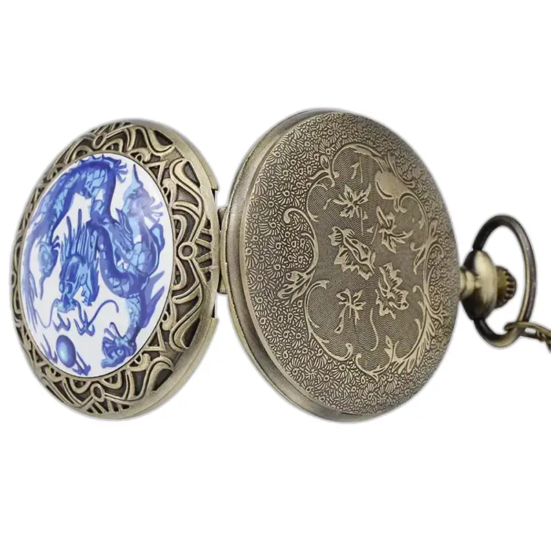 Orologio da tasca vintage con collana con drago blu per uomo e donna