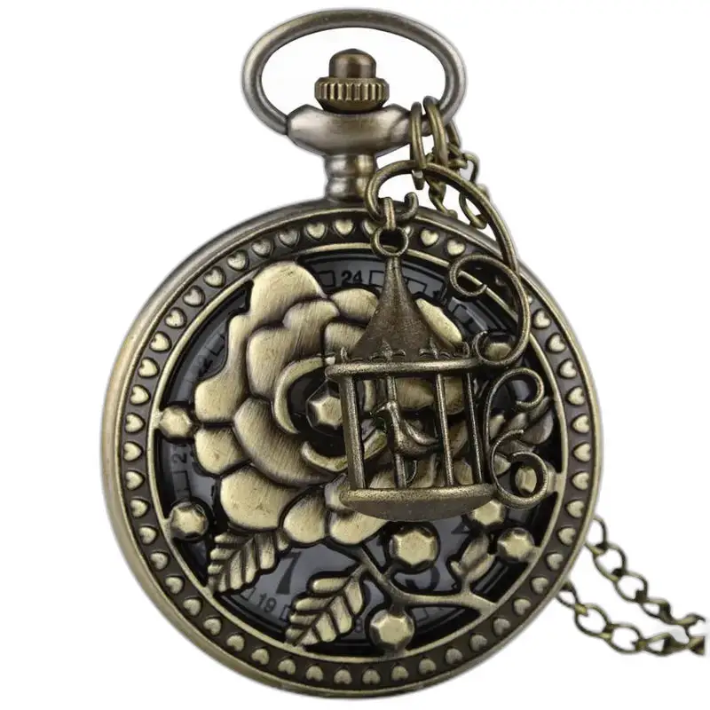 Orologio da tasca con collana in bronzo con fiori vintage