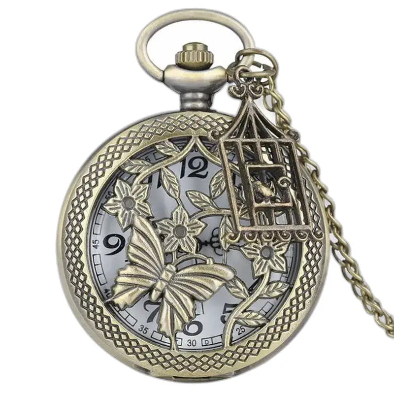 Orologio da tasca con collana in bronzo con fiori vintage