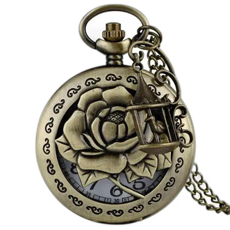 Orologio da tasca con collana in bronzo con fiori vintage - b