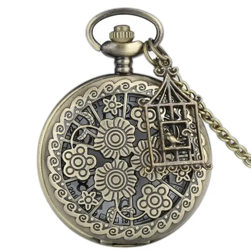 Orologio da tasca vintage con collana di fiori in bronzo - d