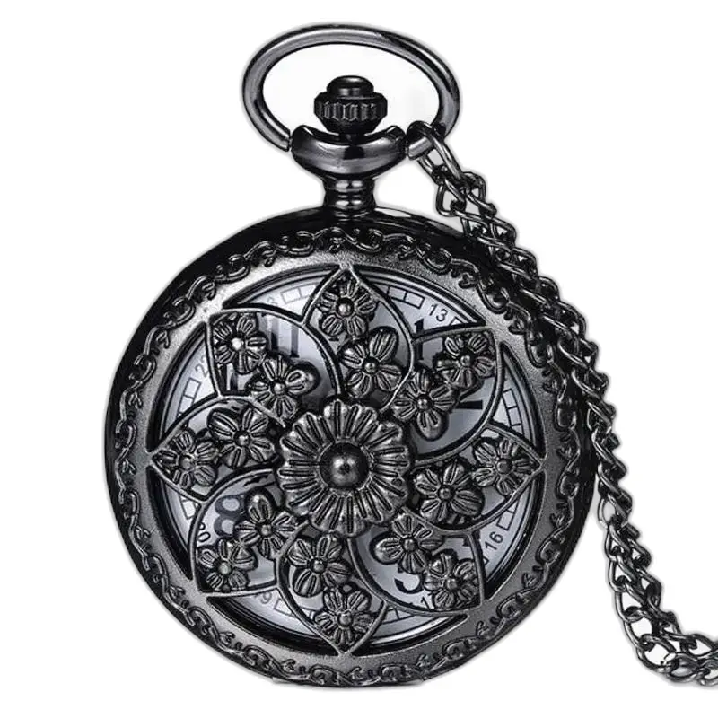 Collana con orologio da tasca in rilievo floreale al quarzo giapponese - Argento