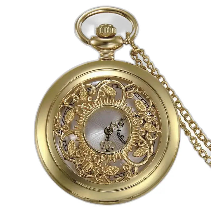 Collana con orologio da tasca, quarzo giapponese, rilievo floreale - Bronzo
