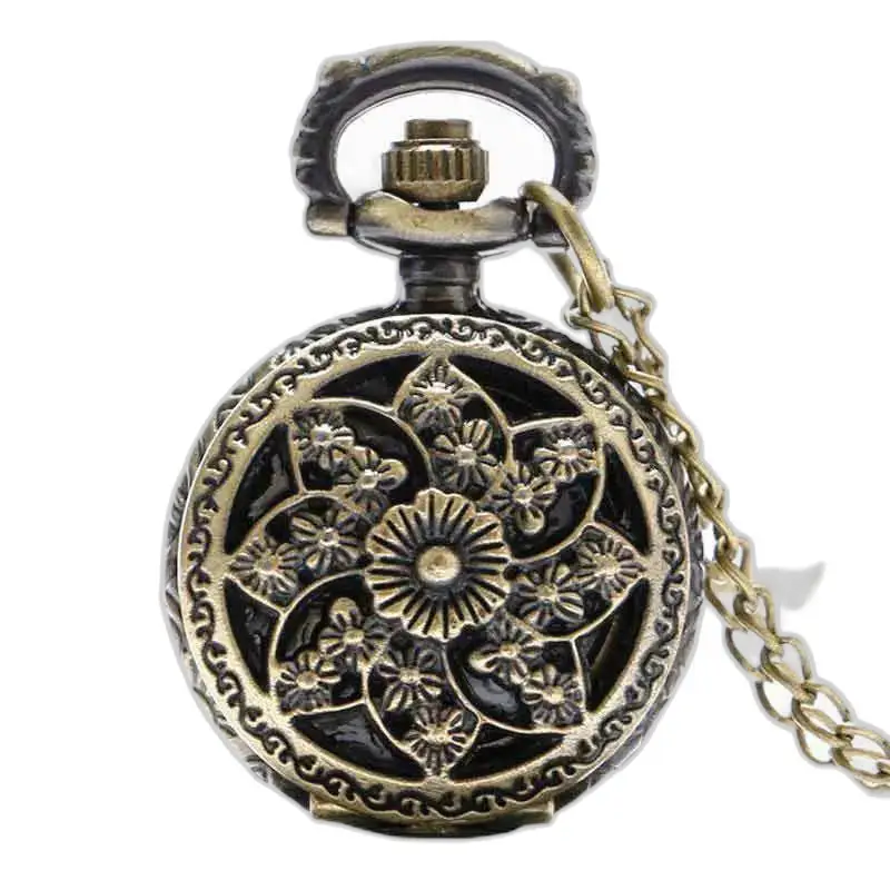 Orologio da tasca con collana in rilievo floreale al quarzo giapponese - nero