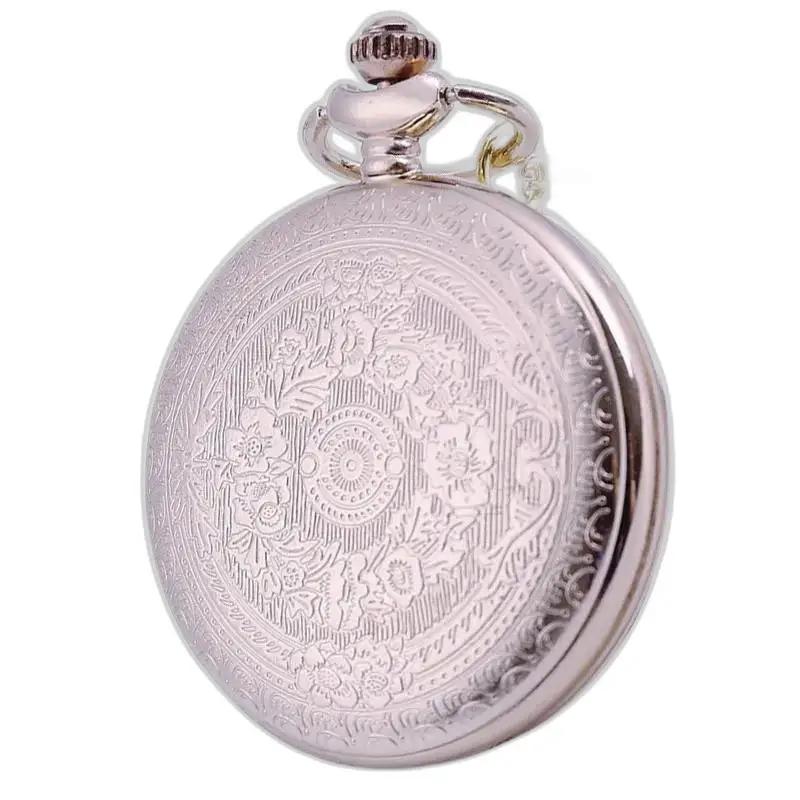 Collana con orologio da tasca, quarzo giapponese, fiore in rilievo