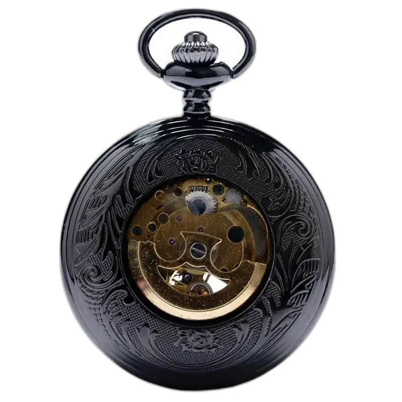 Elegante orologio da tasca meccanico Demi Chasseur con movimento meccanico decorato nero