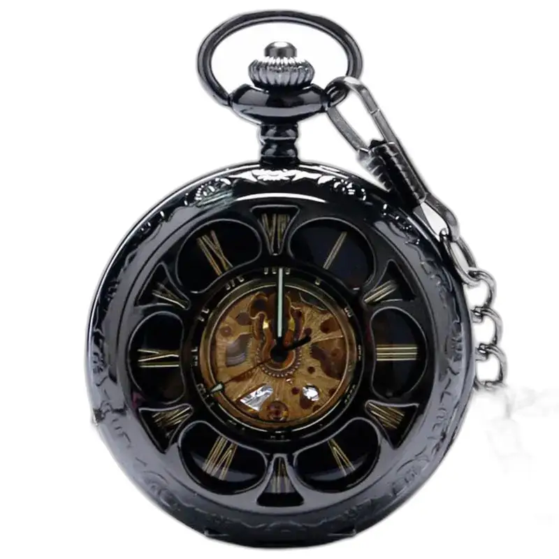 Orologio da tasca Demi Chasseur Mechanical Chic con catena ed elegante quadrante nero