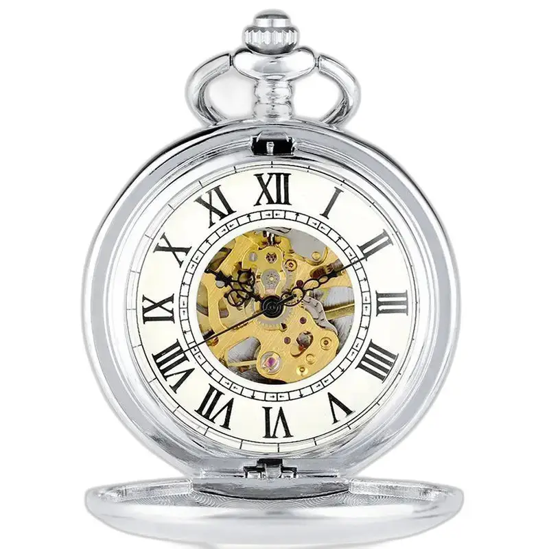 Elegante orologio da tasca meccanico Demi Chasseur con meccanismo a vista in argento