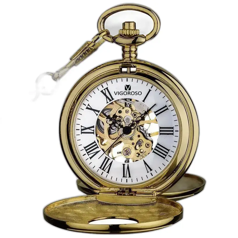 Orologio da tasca mezzo cacciatore in oro, movimento meccanico elegante e sofisticato