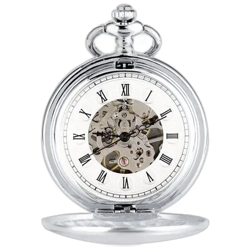 Orologio da tasca Modern Chic Double Flap con numeri romani su sfondo argento