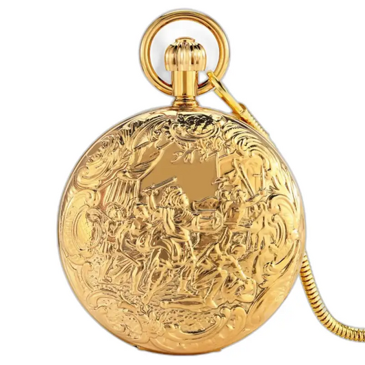 Orologio da tasca di lusso in oro con doppia patta con un elegante design decorato in oro
