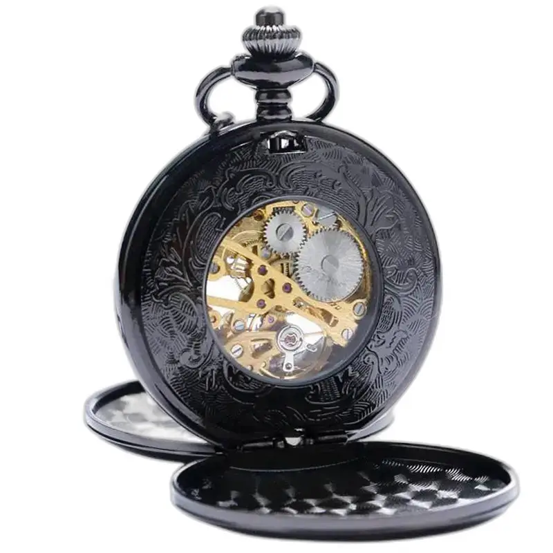 Orologio da tasca Black Double Demi Hunter, elegante cronometro meccanico nero
