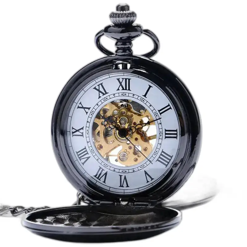 Orologio da tasca Double Demi Chasseur Nero con meccanismo visibile in dettaglio