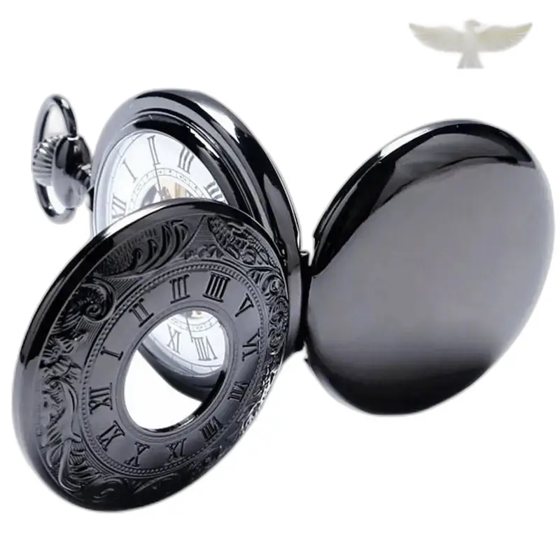 Orologio da tasca nero doppio Demi Hunter con coperchio aperto, stile elegante