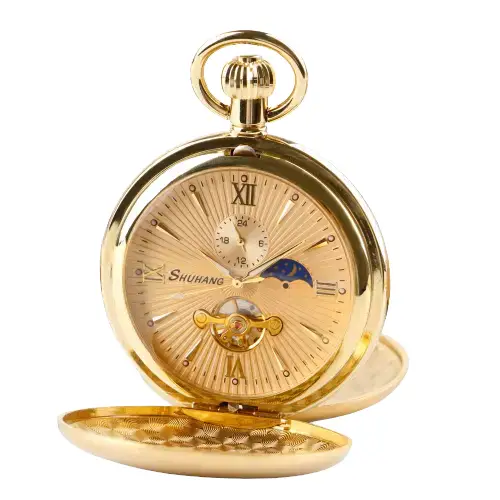 Lussuoso orologio da tasca doppio in oro con eleganti fasi lunari