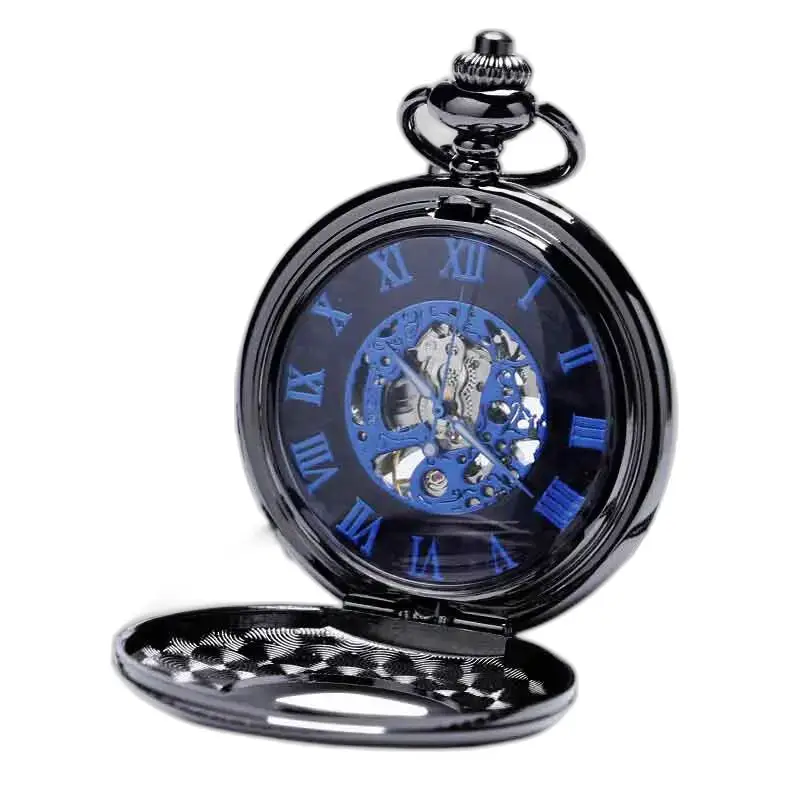 Elegante orologio da tasca da uomo con numeri romani blu e design unico