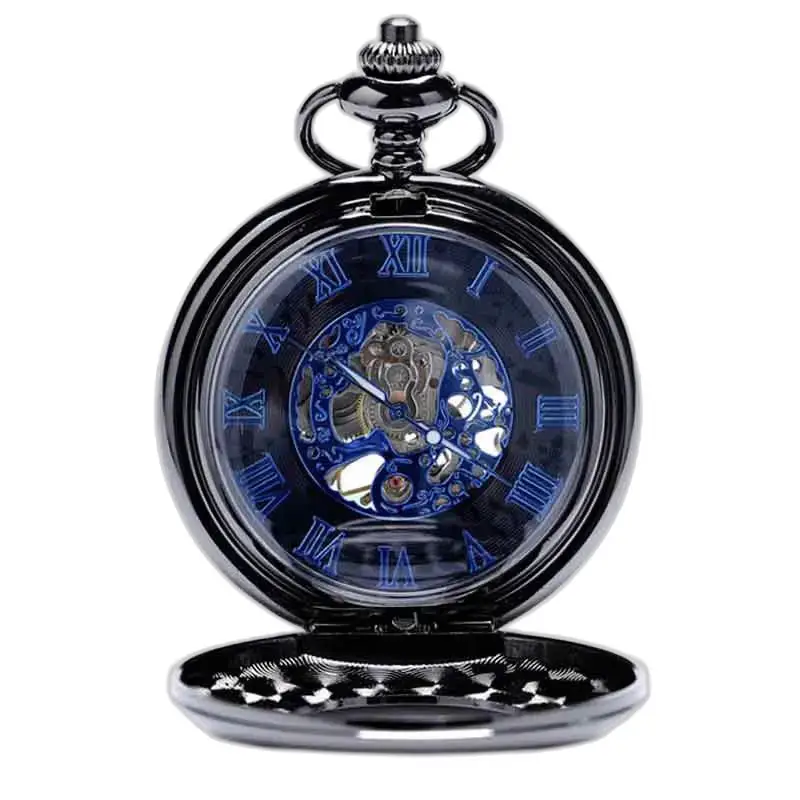 Elegante orologio da tasca da uomo dal design unico e cassa nera scheletrata