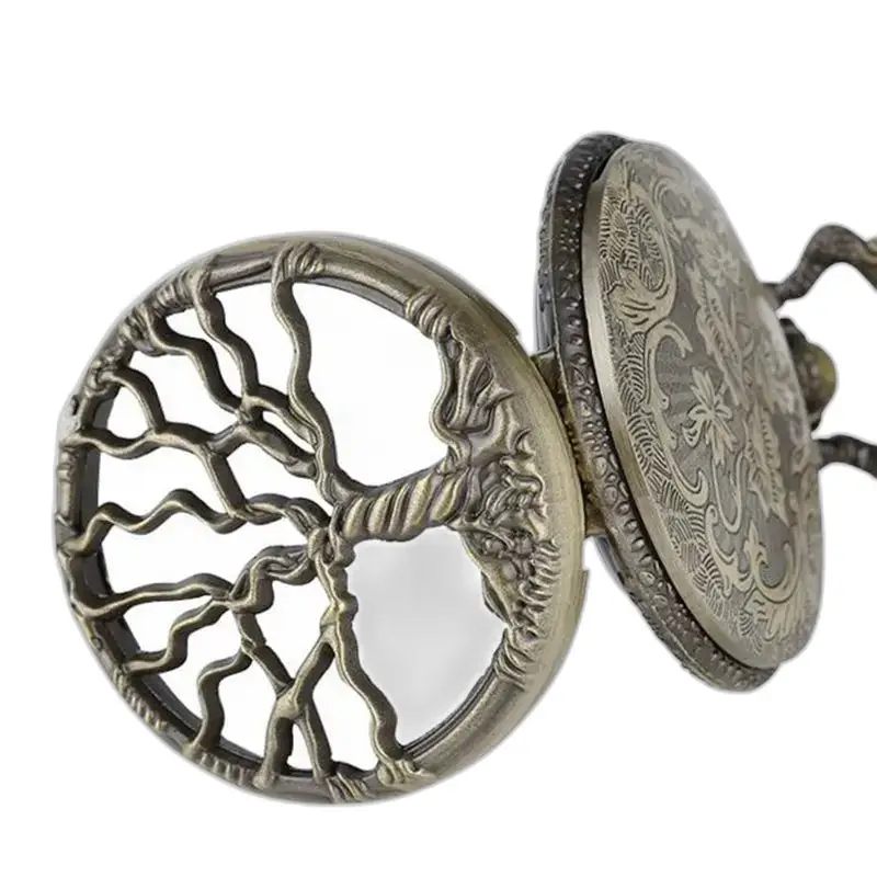 Orologio da tasca da donna con collana vintage in bronzo con motivo decorato dell'albero della vita