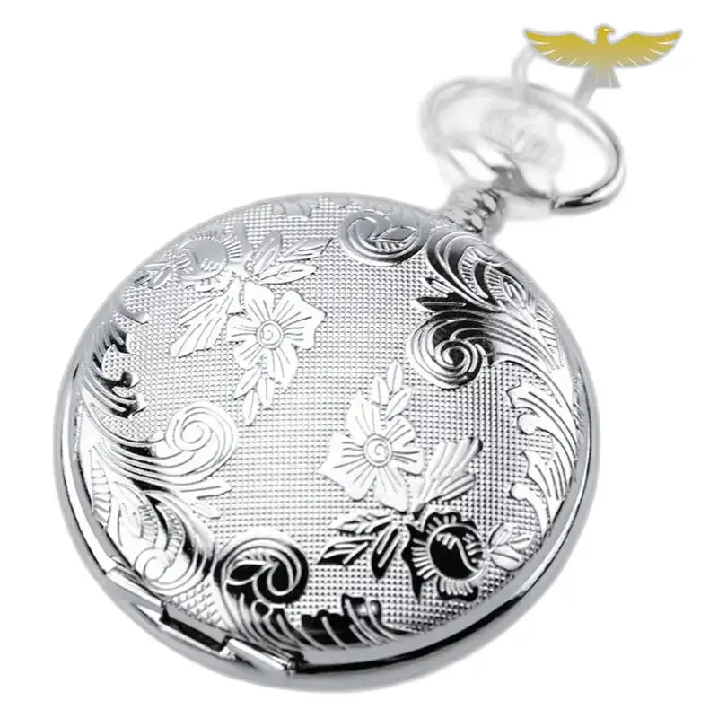 Orologio da tasca da donna in argento con doppio risvolto con un grazioso motivo floreale argentato