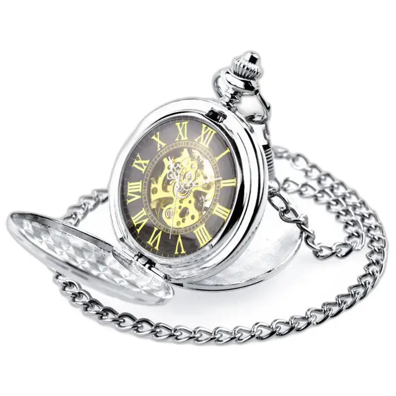 Orologio da tasca da donna in argento con doppio risvolto e catena, elegante e meccanico