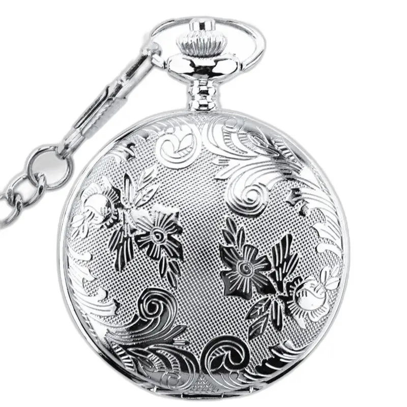 Orologio da tasca da donna in argento con doppio risvolto con elegante motivo floreale argentato