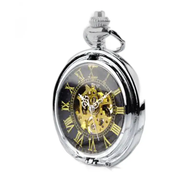 Orologio da tasca da donna in argento con doppio risvolto, meccanismo a vista e finiture eleganti
