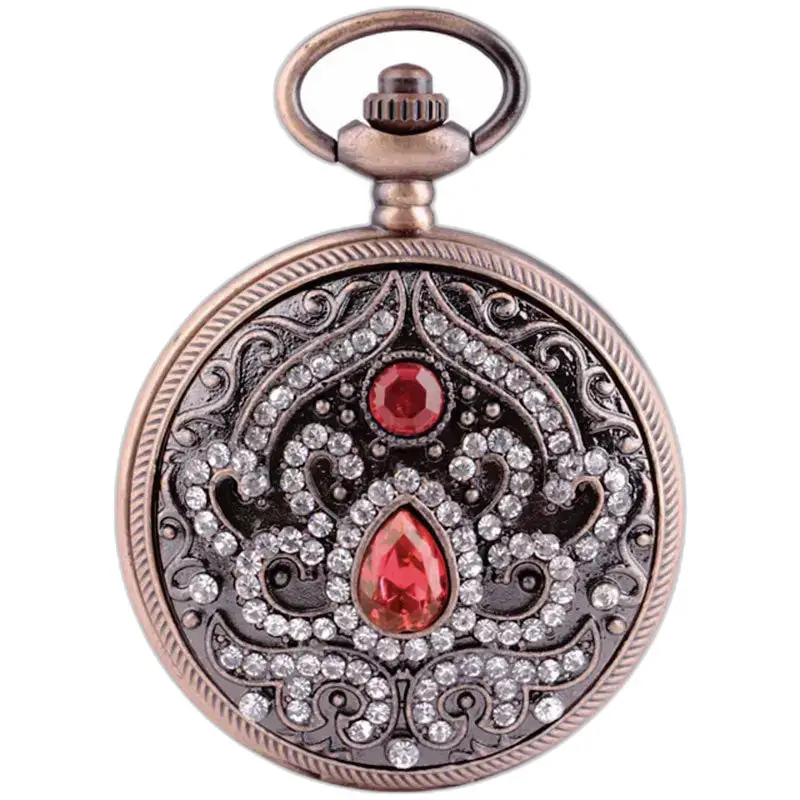 Elegante orologio da tasca con quadrante bianco e pietre di smeraldo rosse e trasparenti
