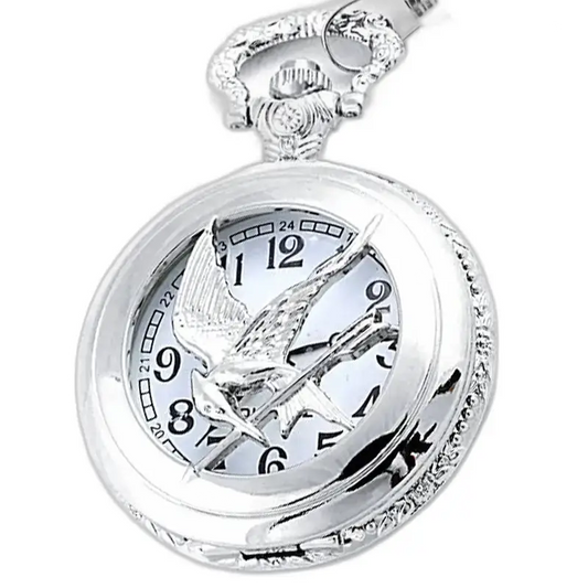 Orologio da tasca Mockingjay in argento ispirato agli Hunger Games con lancetta