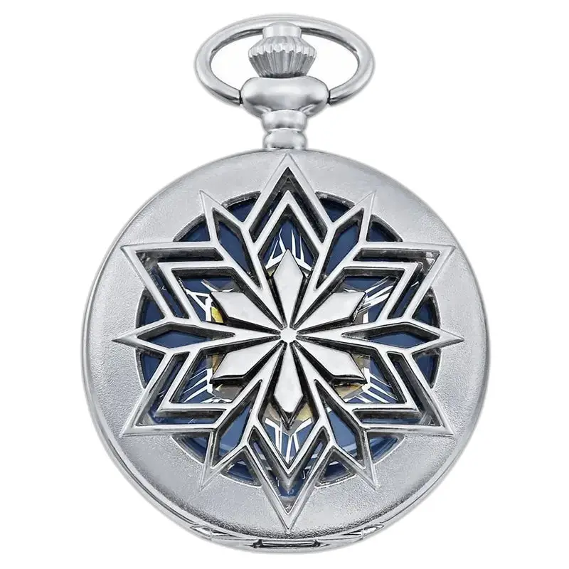Moderno orologio da tasca da uomo in argento con chiusura a clip e motivo a fiocchi di neve argentati