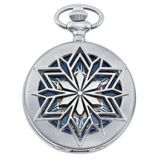 Moderno orologio da tasca da uomo in argento con chiusura a clip e motivo a fiocchi di neve argentati