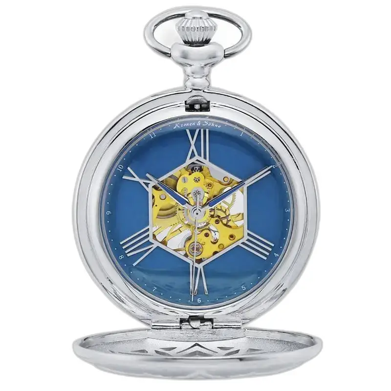 Moderno orologio da tasca da uomo in argento con quadrante blu e chiusura a clip