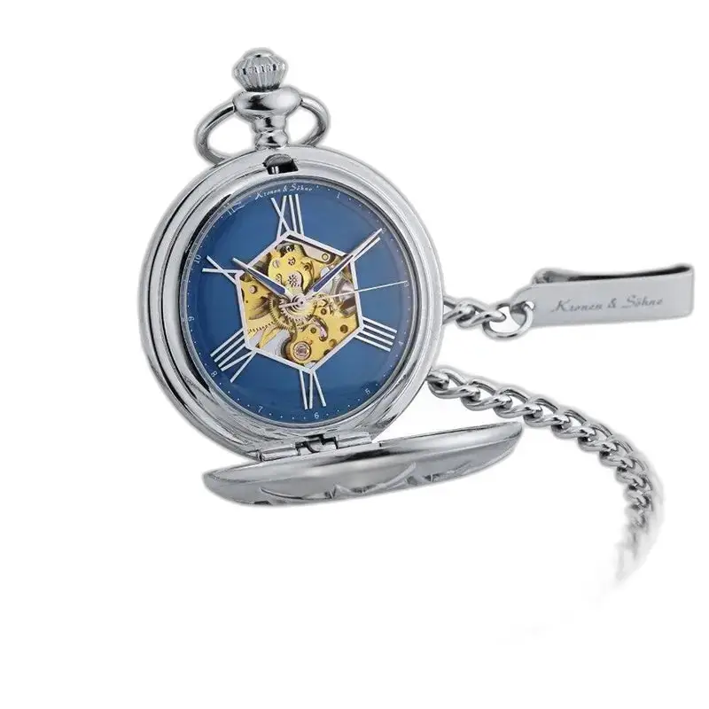 Moderno orologio da tasca da uomo in argento con quadrante blu ed elegante chiusura a clip