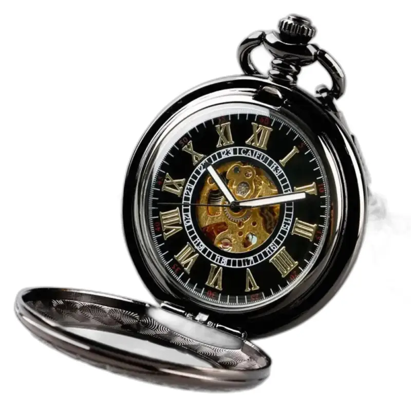 Orologio da tasca Iridium automatico Steampunk nero con meccanismo a vista