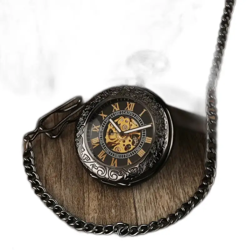 Orologio da tasca automatico Steampunk Iridium nero con catena, modello da tasca automatico iridium