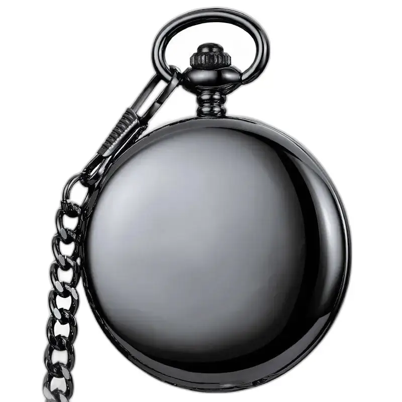 Classico orologio da tasca meccanico liscio argento con catena e quadrante nero