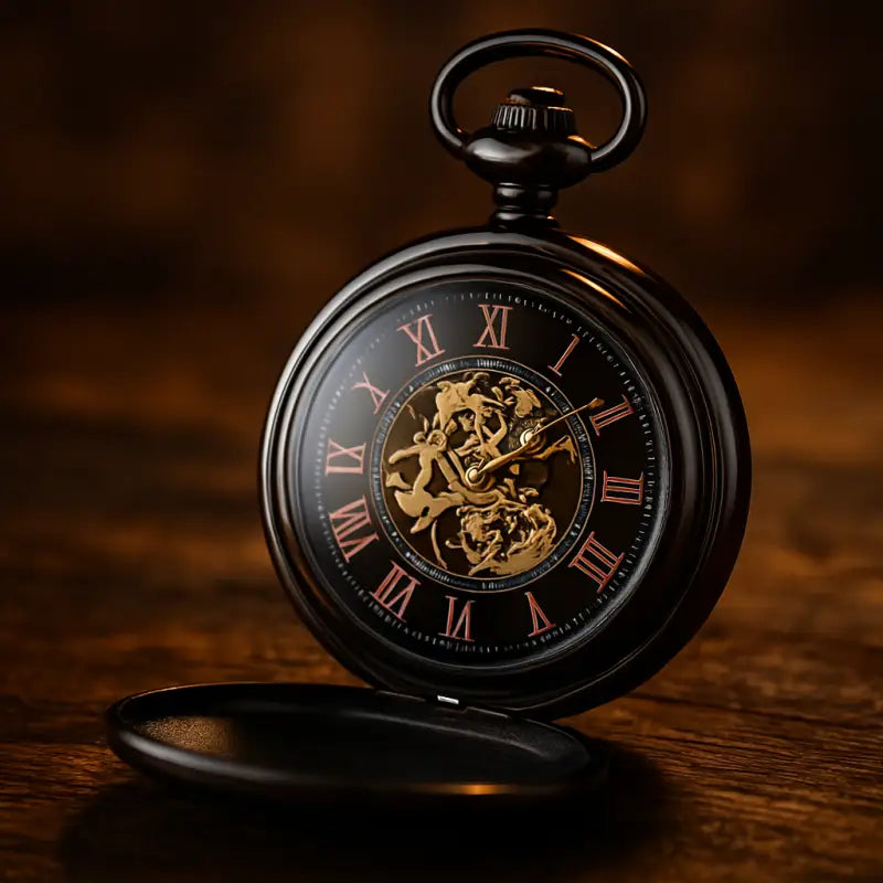 Classico orologio da tasca meccanico liscio in argento con numeri romani su sfondo nero